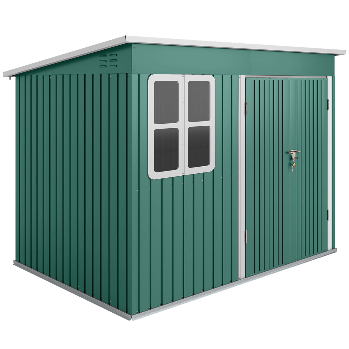 Metal garden tool shed, with window, wide door, 260 x 177 x 190 cm, green