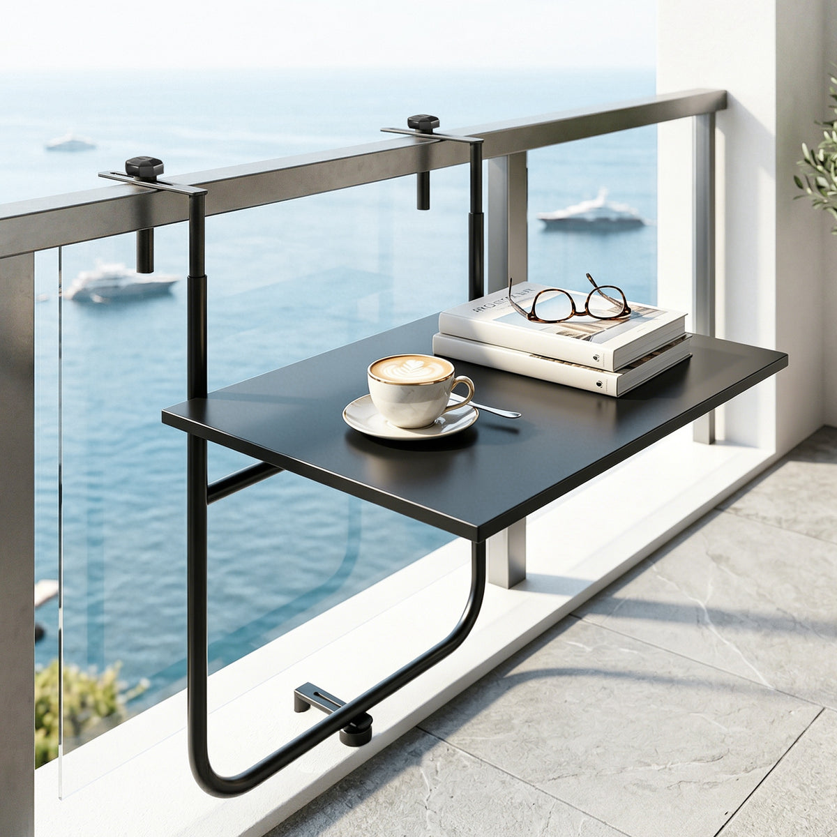 Balcony table, for railings 6-15cm thick, adjustable, stainless metal, 62x60x85.5cm, black (2)