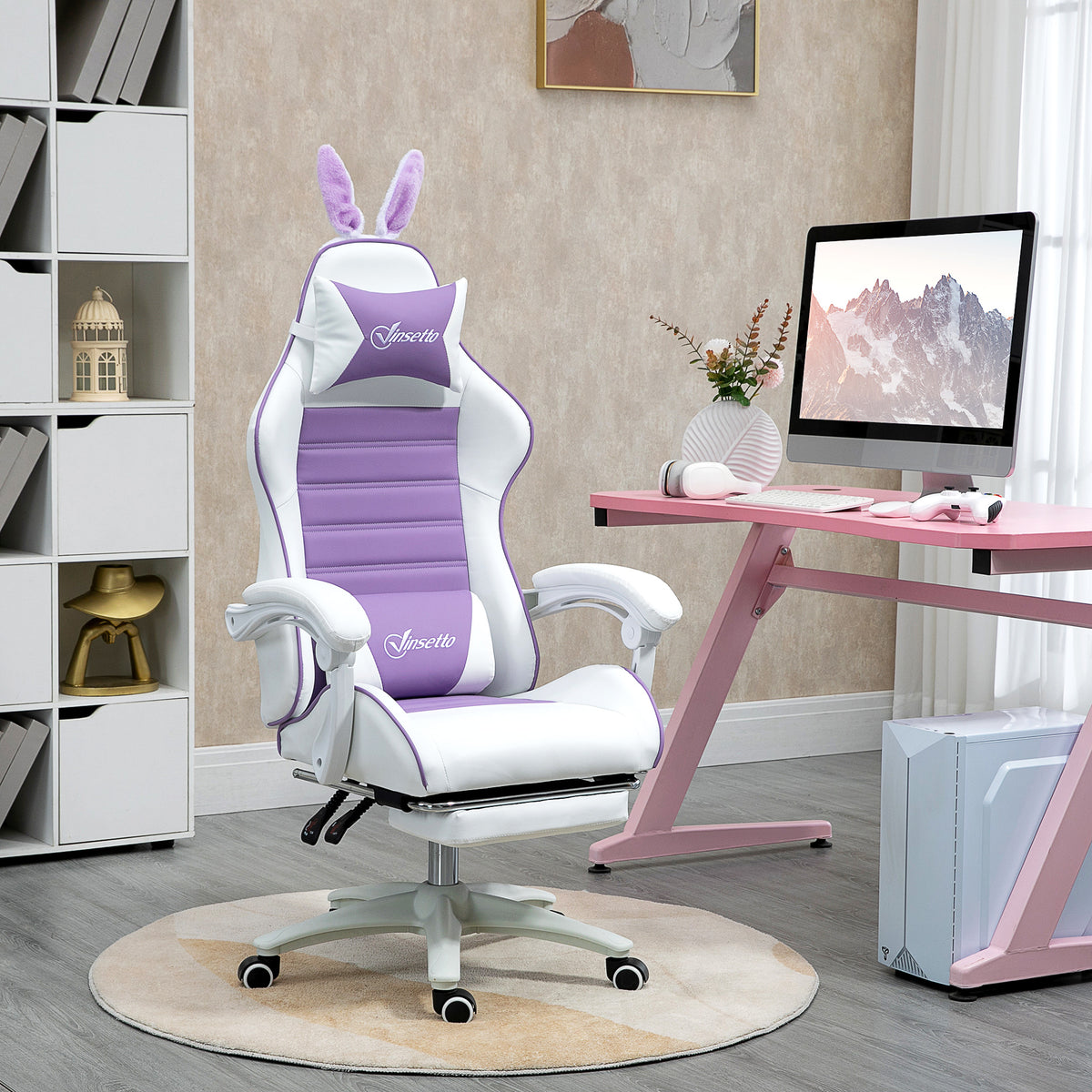 Vinsetto Gaming Stuhl Ergonomischer Gamer Stuhl mit Lendenwirbelstütze, Fußstütze Hasenohren Kopfkissen – Produktabbildung 2