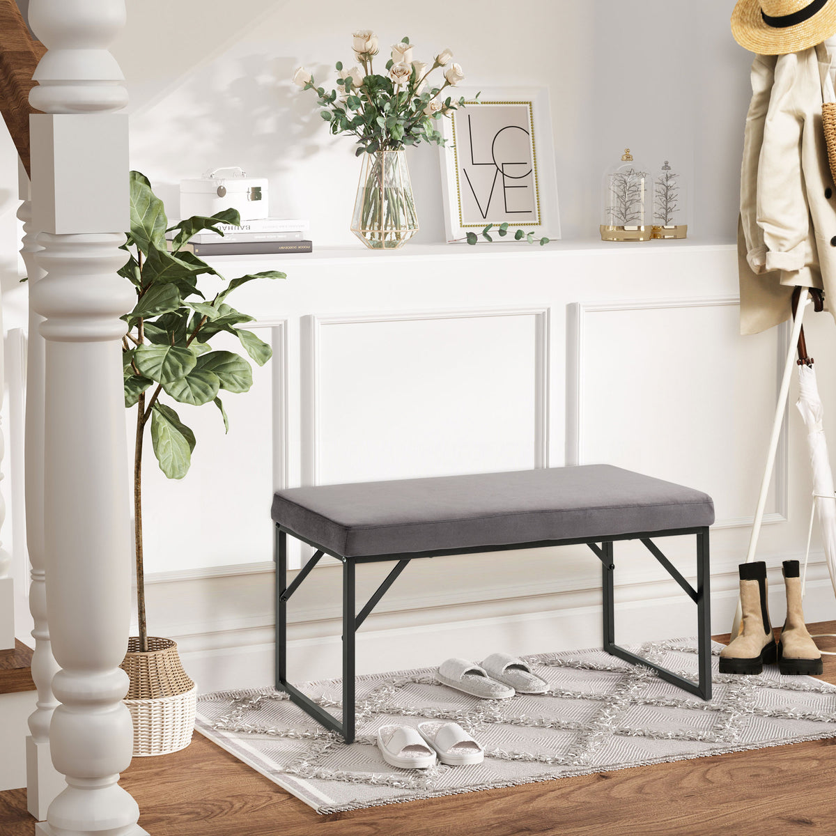 Bench with seat cushion, shoe bench, hallway bench, incl. cushion, dark gray + black (2)
