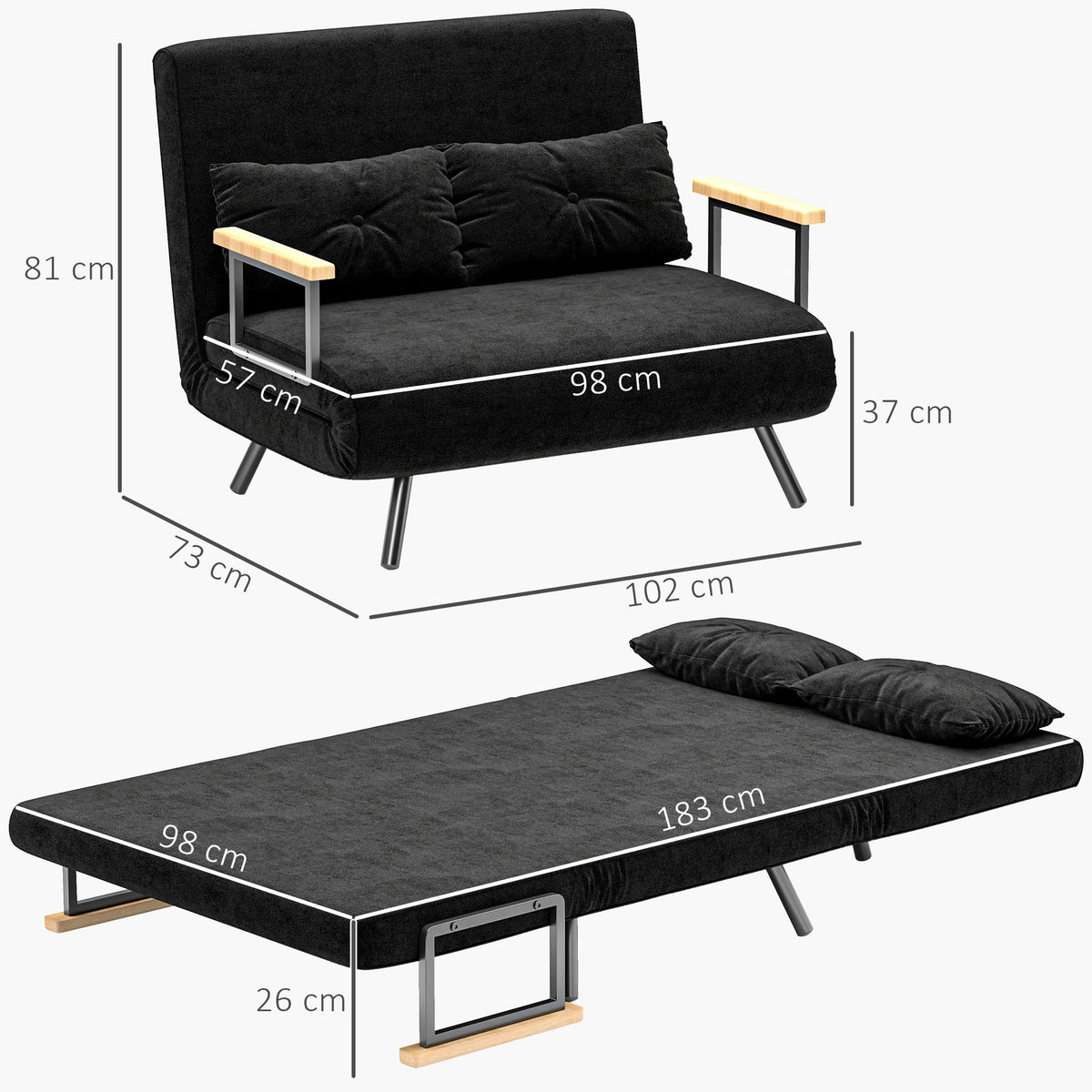 Sofa bed, 2-seater sofa, velvet sofa, sleep function, incl. 2 cushions, velvet look, black (3)
