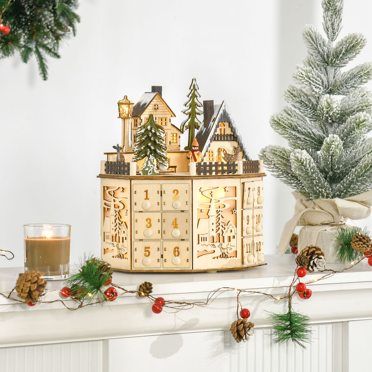 HOMCOM Adventskalender Adventskalenderbox Weihnachtsdekoration, LED-Lichter, 24 Schubladen, Natur – Produktabbildung 2