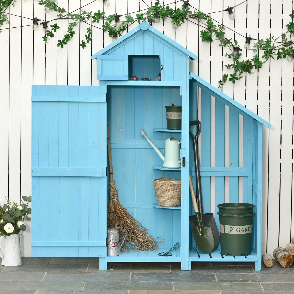 Garden shed tool shed tool storage with firewood storage compartment tool shed with 3 shelves asphalt roof fir (2)