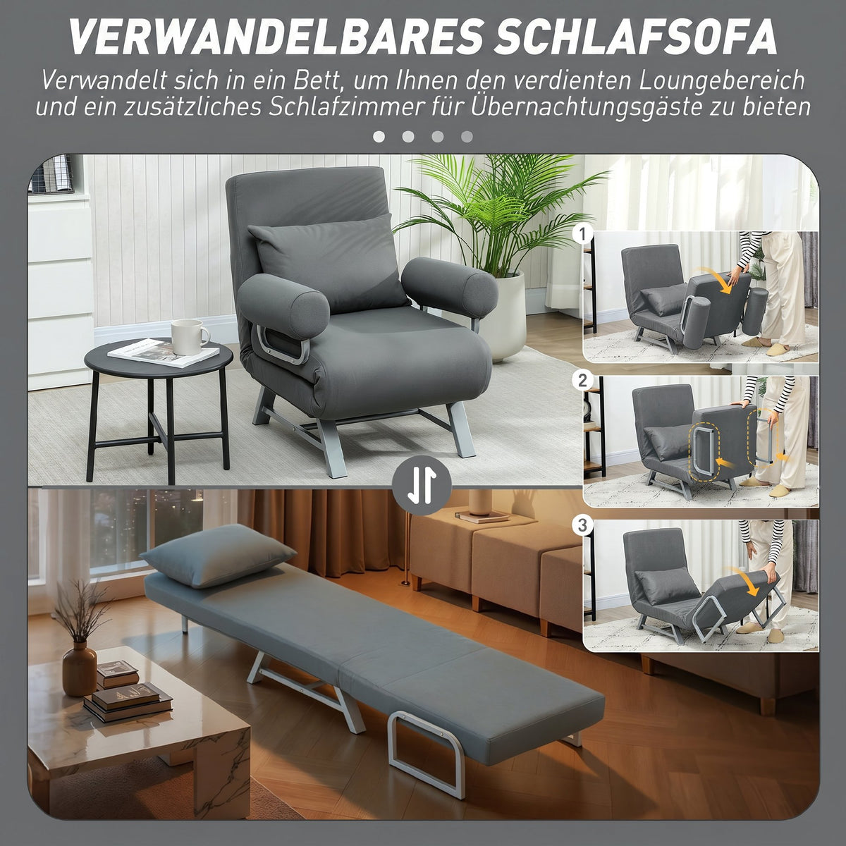 HOMCOM Schlafsessel, Polstersessel, zum Gästebett umwandelbar, ergonomisch, Dunkelgrau – Produktabbildung 4