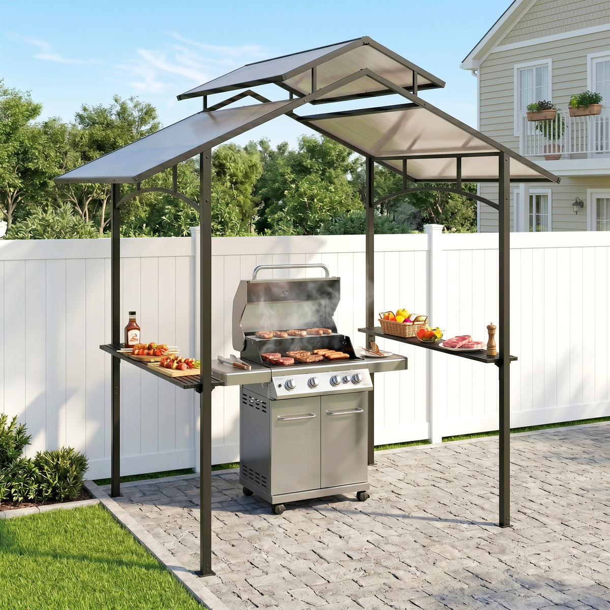 Grillpavillon mit Flammschutzdach BBQ-Pavillon mit 2 Ablagen 2,5 x 1,5m Stahl PC Schwarz+Braun – Produktabbildung 2