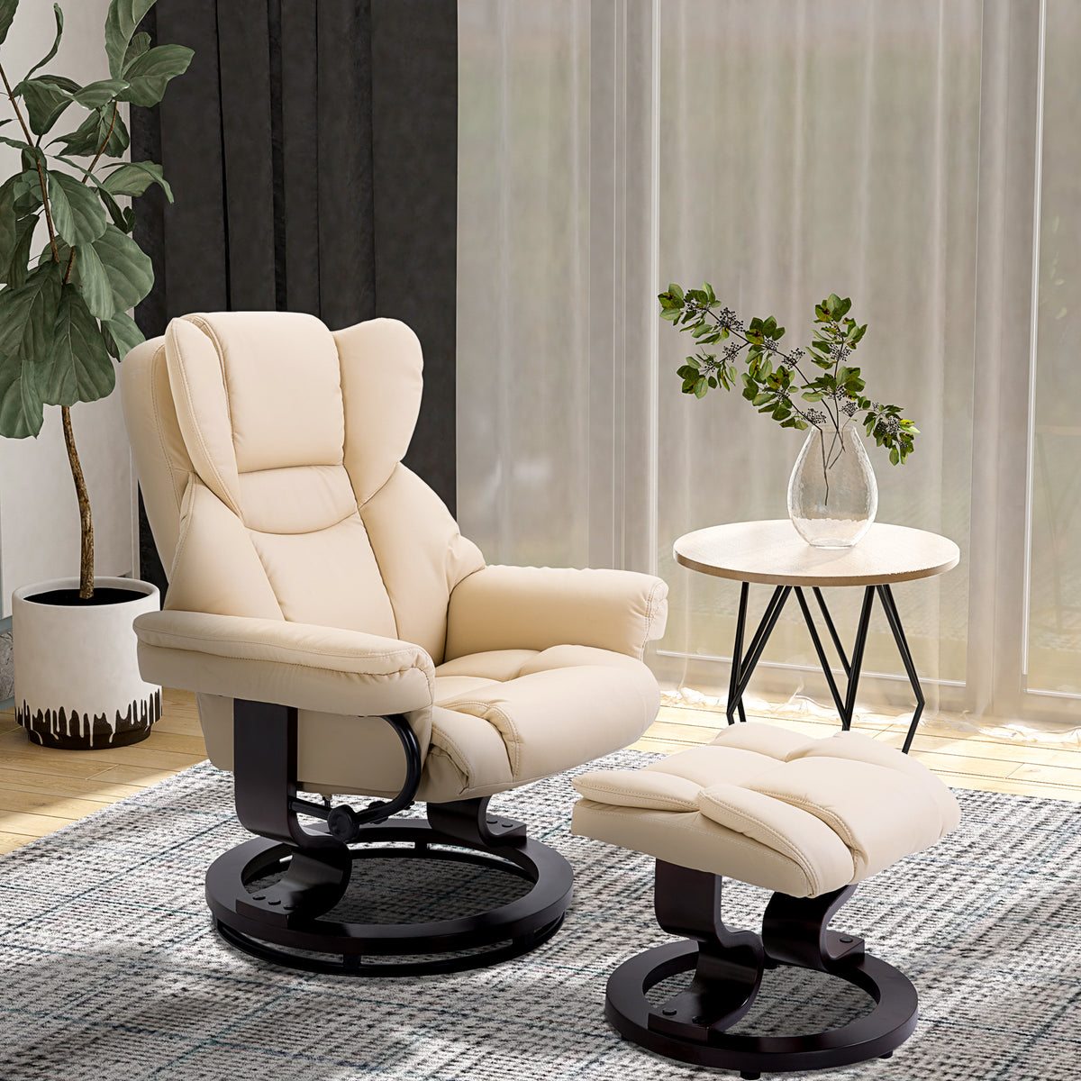 Recliner with footstool, reclining function, swivel, up to 160 kg, faux leather, metal frame, cream, 80 x 79 x (2)