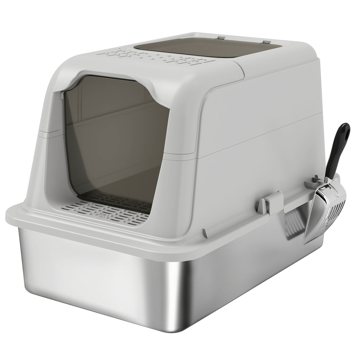Cat litter box, covered litter box with lid, litter scoop, front entrance and top exit, stainless steel, up to 8