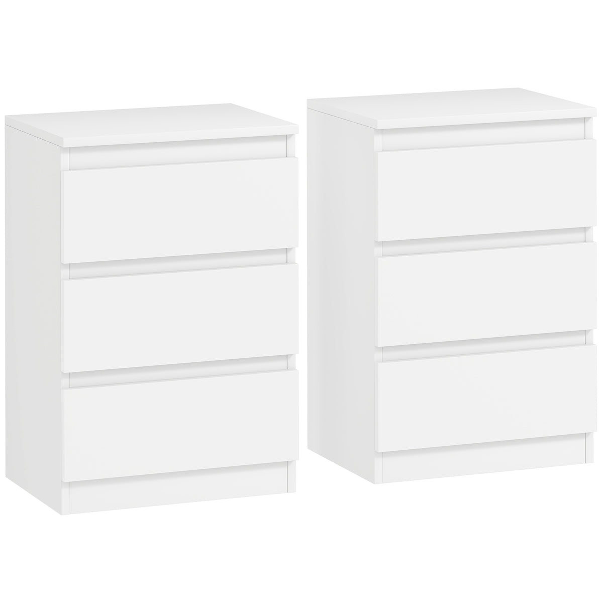Bedside tables, set of 2, 3 drawers, handleless design, wood-effect finish, white