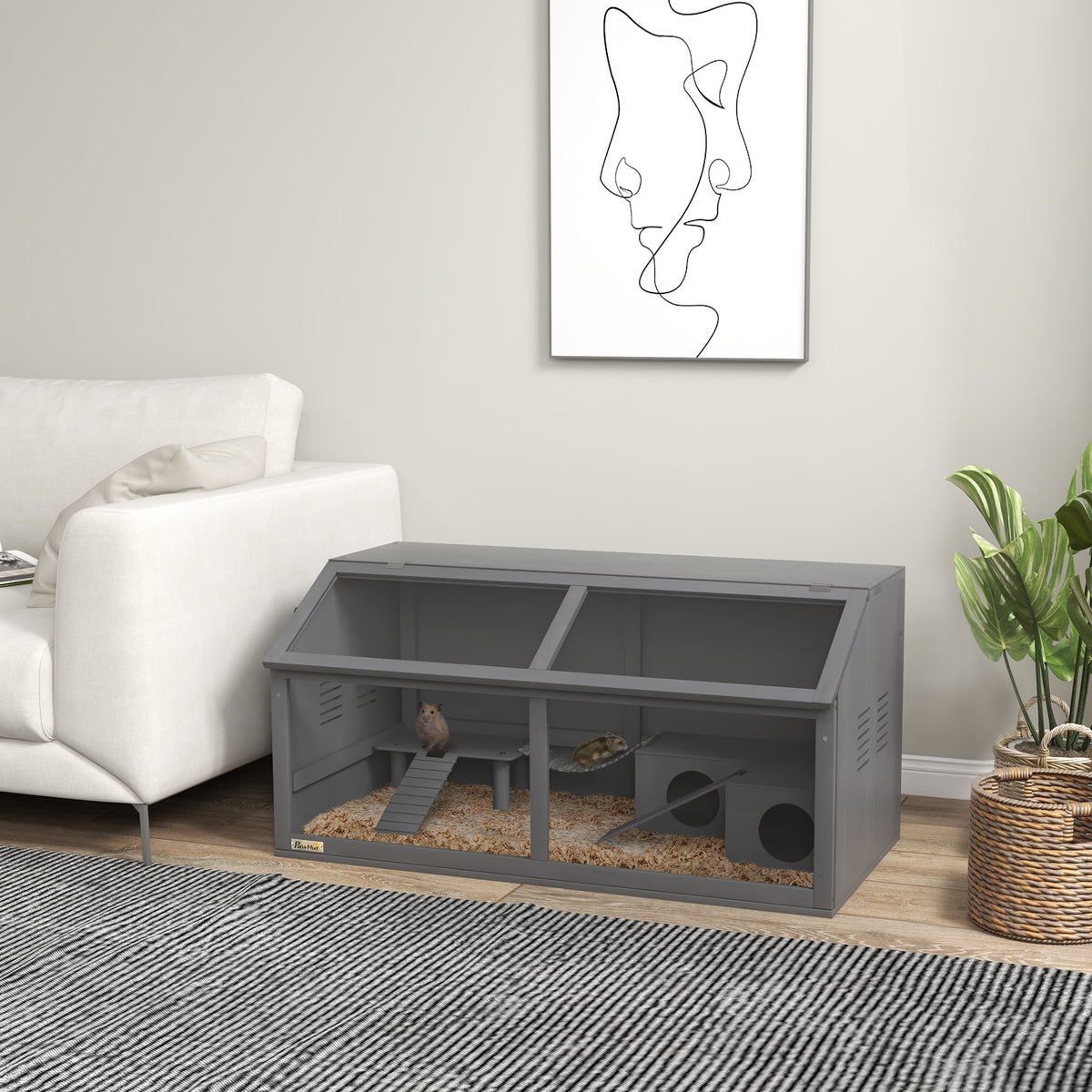Small animal cage rodent cage, with accessories, fir wood, 100 cm x 52 cm x 50 cm, gray (2)