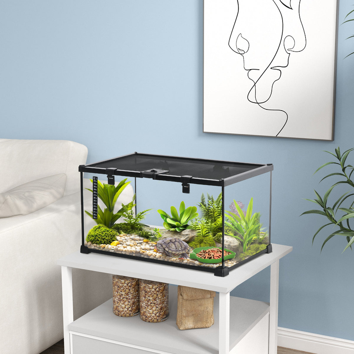 PawHut Reptilienbox Terrarium, inkl. Streifenthermometer, Fütterungsklappen, 50 cm x 30 cm x 25 cm, Glas – Produktabbildung 2