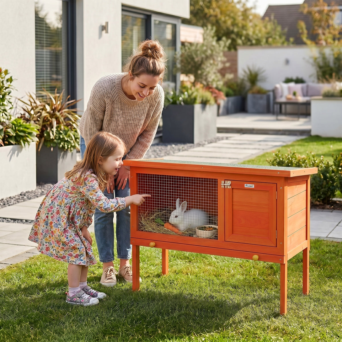 Rabbit hutch, elevated wooden rabbit hutch with hinged bitumen roof and pull-out drawer, 90x45x65 cm, orange (2)