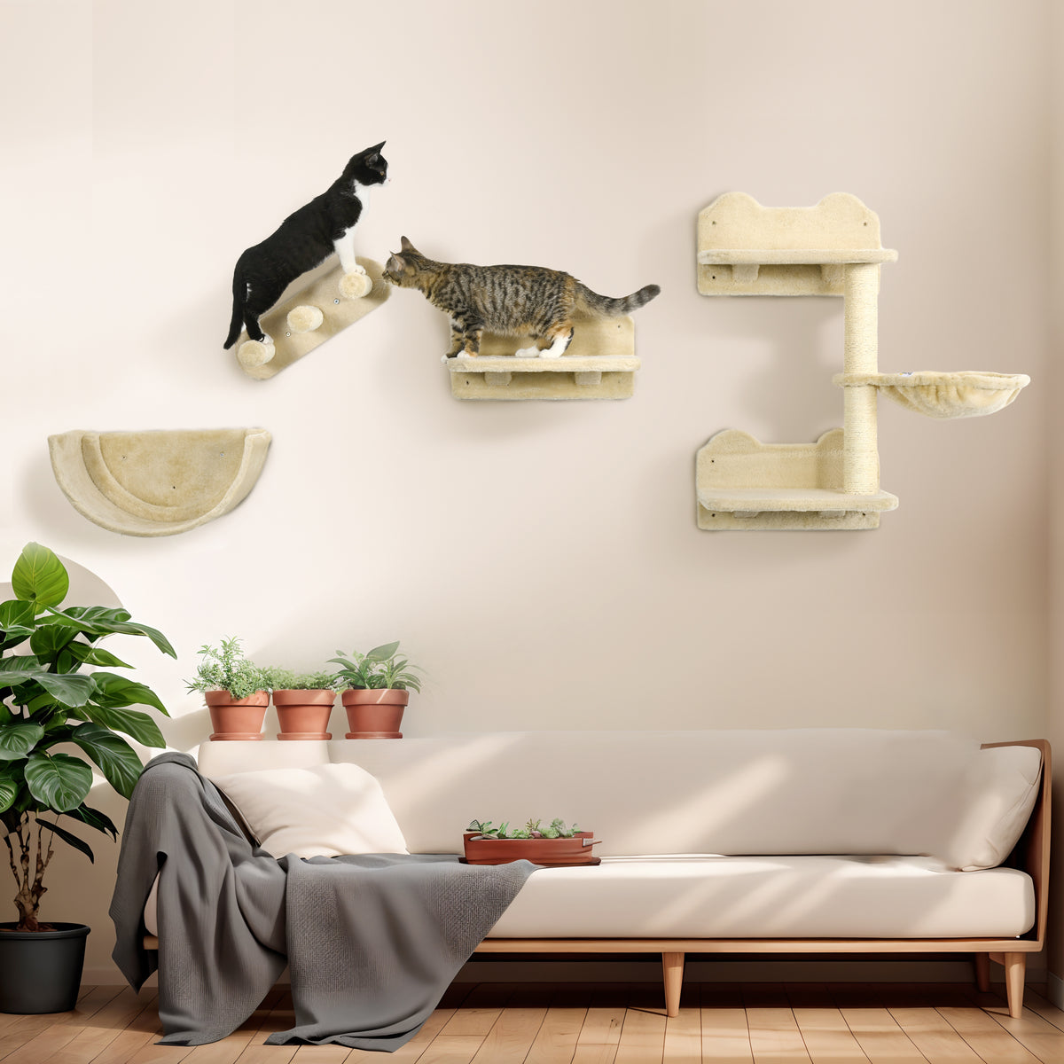 PawHut Kletterwand-Set für Katzen, 4-teilig, mit Katzentreppe, Hängematte, Plattform und Kratzbaum – Produktabbildung 2