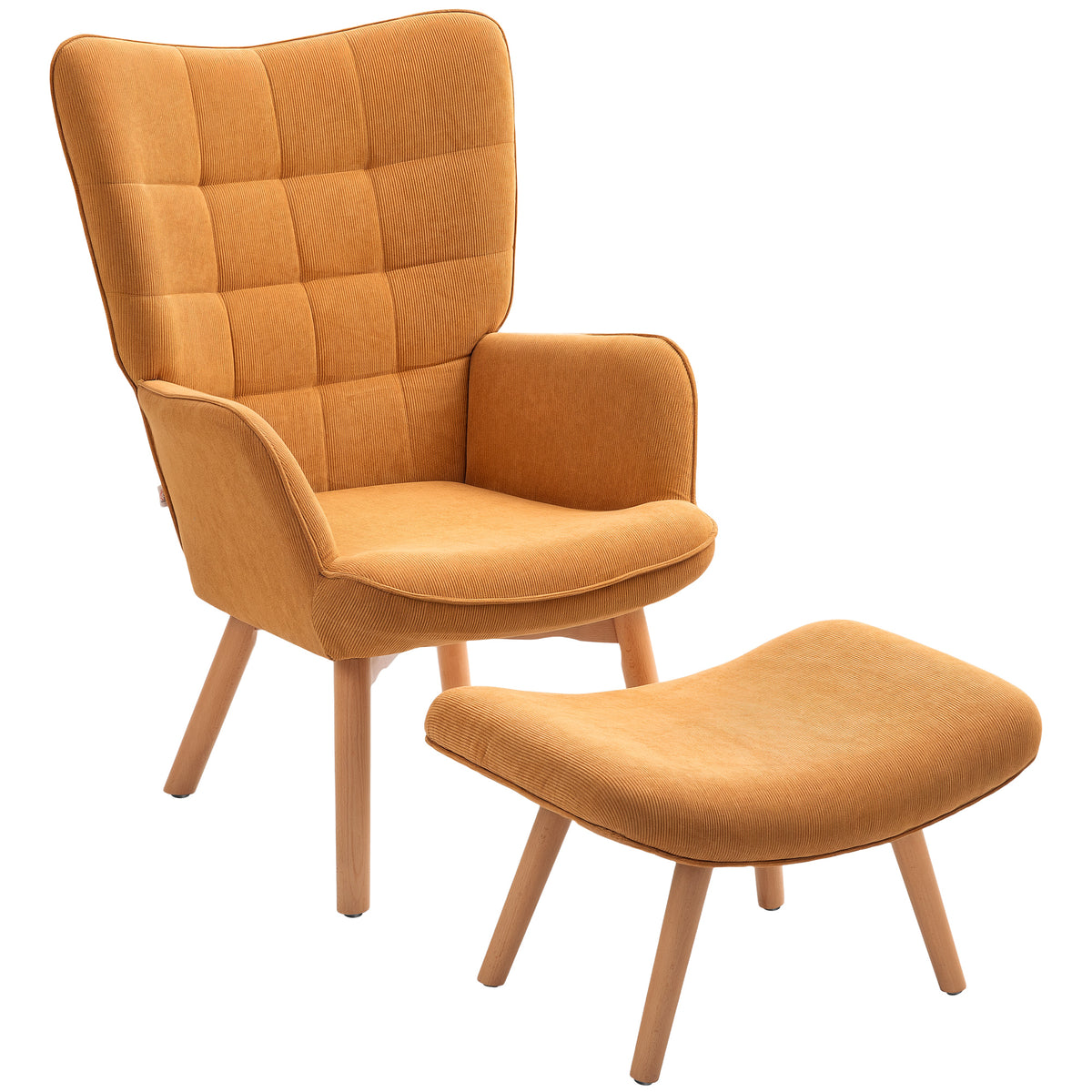 Accent chair with ottoman, corduroy-look lounge chair, armchair with wooden legs, for living room, brown