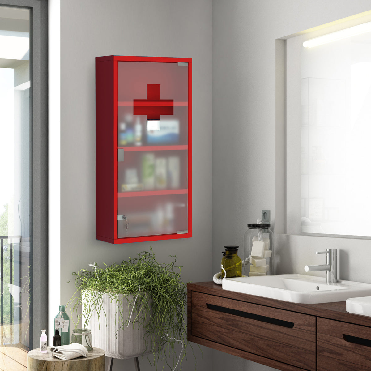 Medizinschrank abschließbar Arzneischrank mit 4 Fächer Glastür Stahl 60 x 30 x 12 cm Rot – Produktabbildung 2