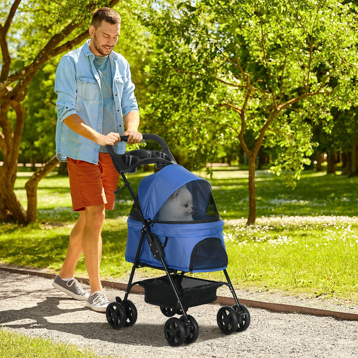 PawHut Hundebuggy Hundewagen bis 4 kg Klappbar Netzfenster Bodenkorb Becherhalter abnehmbares Dach blau – Produktabbildung 2