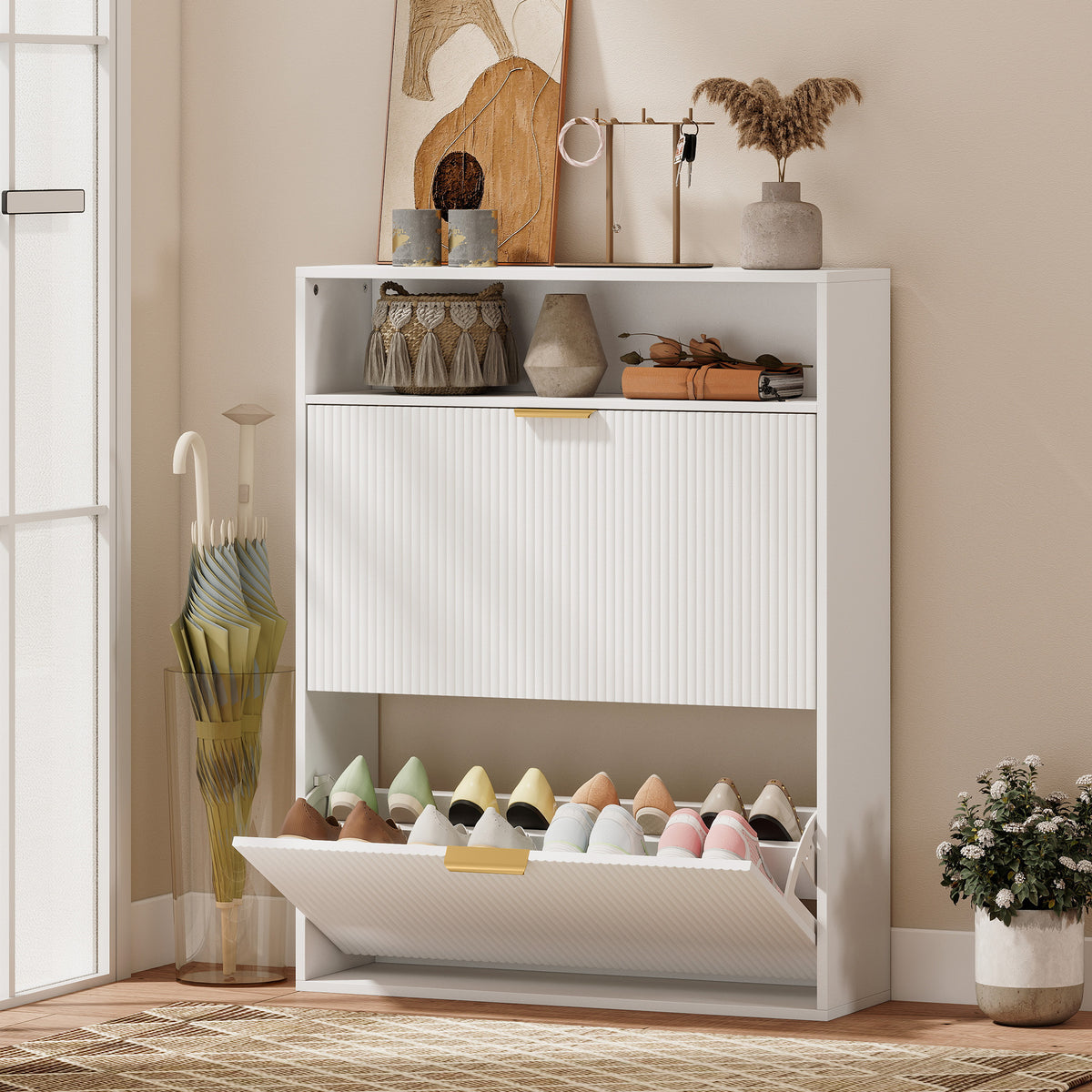 HOMCOM Schmaler Schuhschrank mit 2 Klappfächern und Ablagefläche für Flur und Eingangsbereich, Weiß – Produktabbildung 2