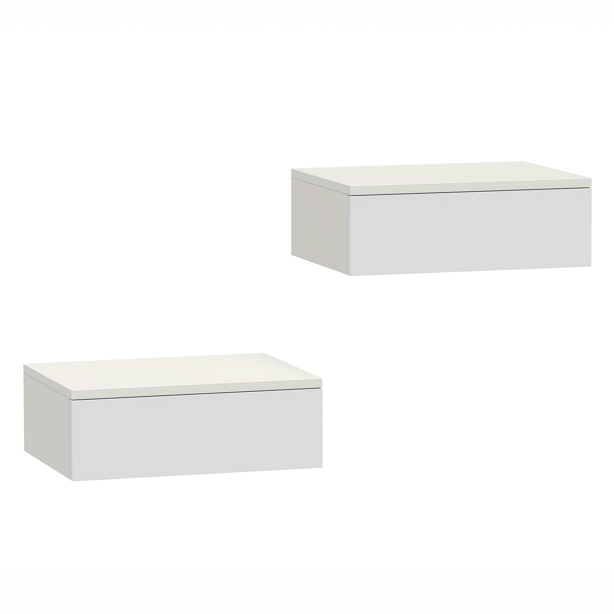 Set of 2 nightstands, wall-mounted design, drawer, for bedroom, chipboard, white – assembled