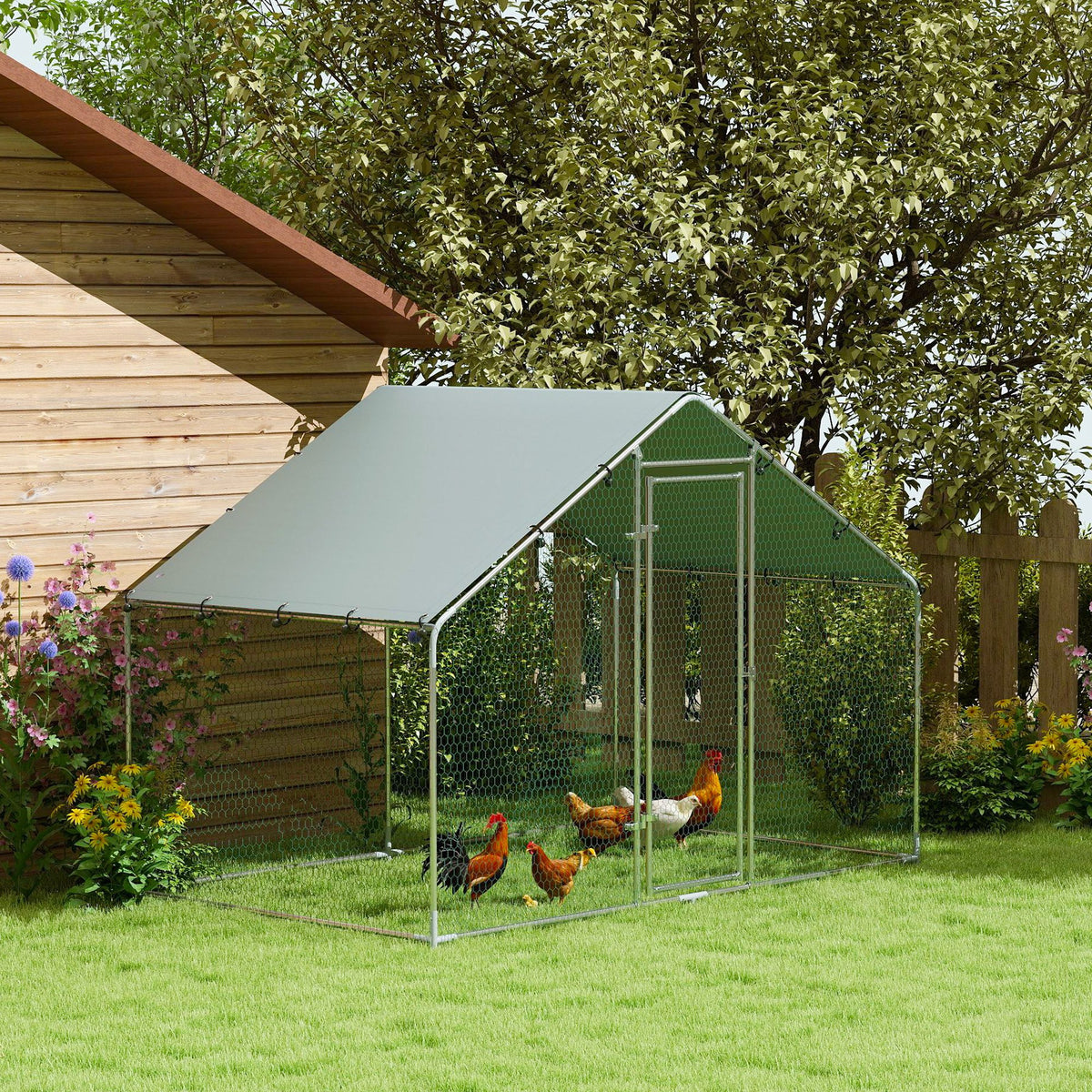 PawHut Hühnerauslauf für 5-8 Hühner, Dachplane, verriegelbare Tür, Stahlrahmen, 5,1 m², 3 x 1,7 x 1,9 m – Produktabbildung 2