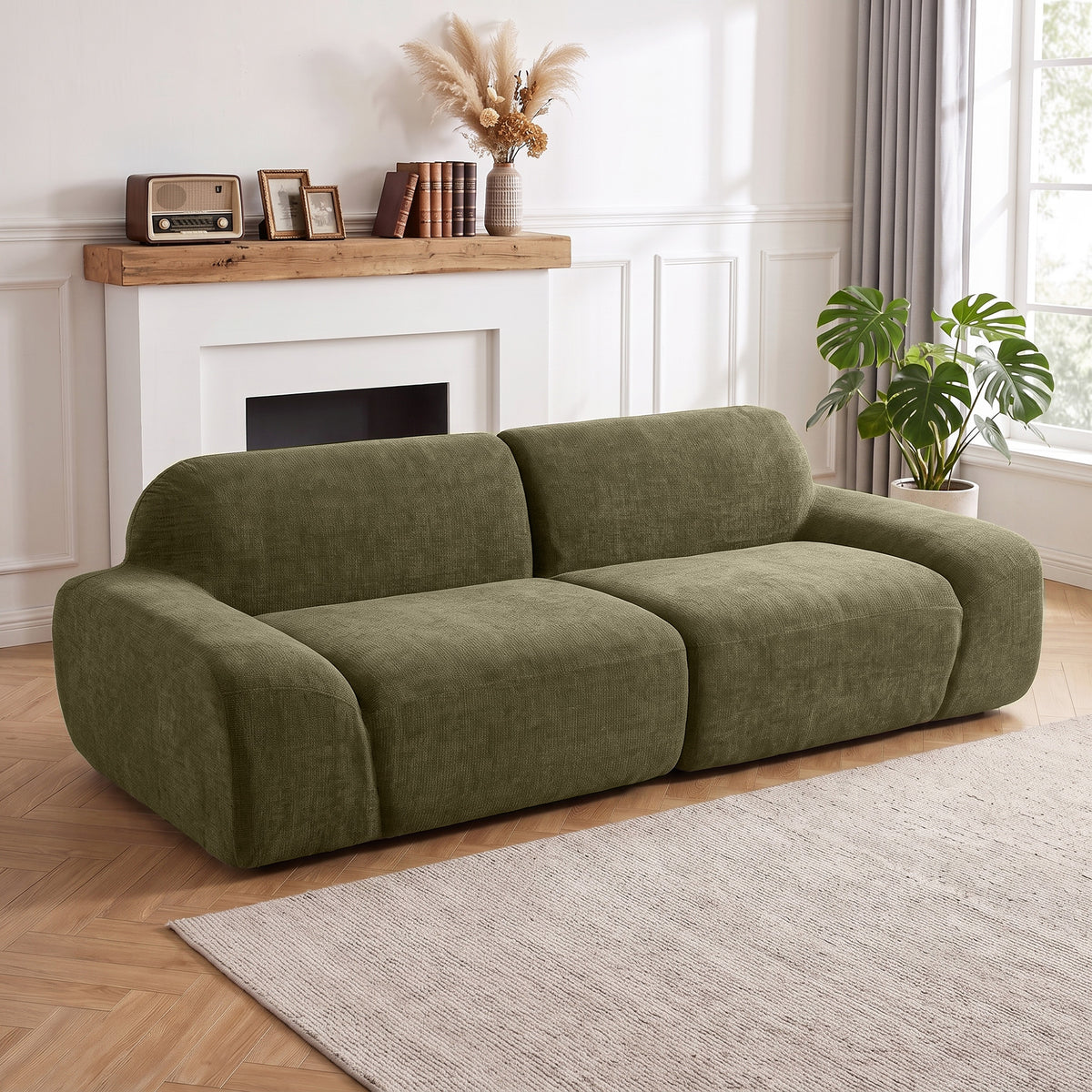 3-seater sofa, rounded and frameless, with a spacious seat, thickly padded, no assembly required, dark green (2)