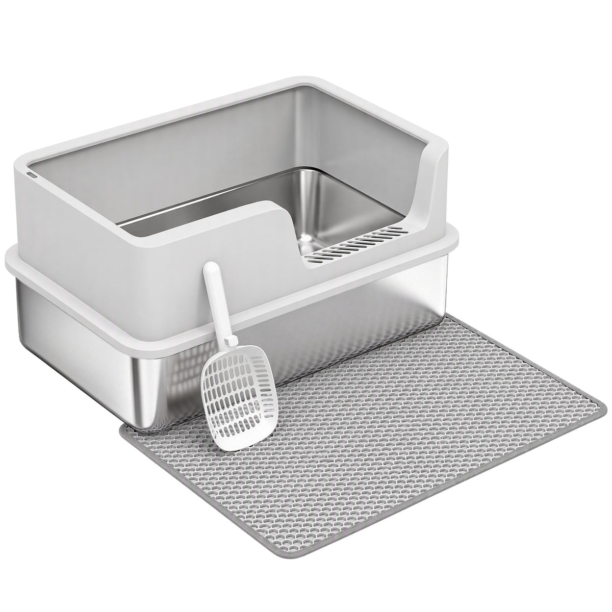 XL Stainless Steel Litter Box with Lid, High Side Walls, Scoop, Brush, Mat for Kittens up to 8 kg Light Gray