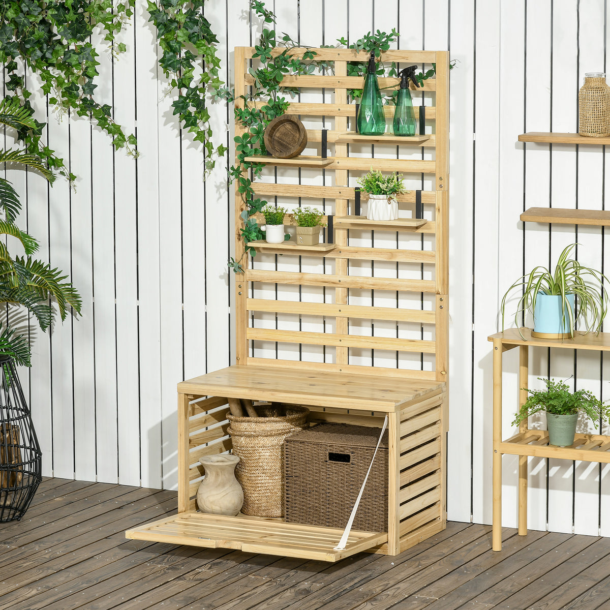 Outsunny Aufbewahrungsbox mit Spalier, 4 Hängeregale, Magnettür, Massivholz, Natur, 80 x 45 x 160 cm – Produktabbildung 2