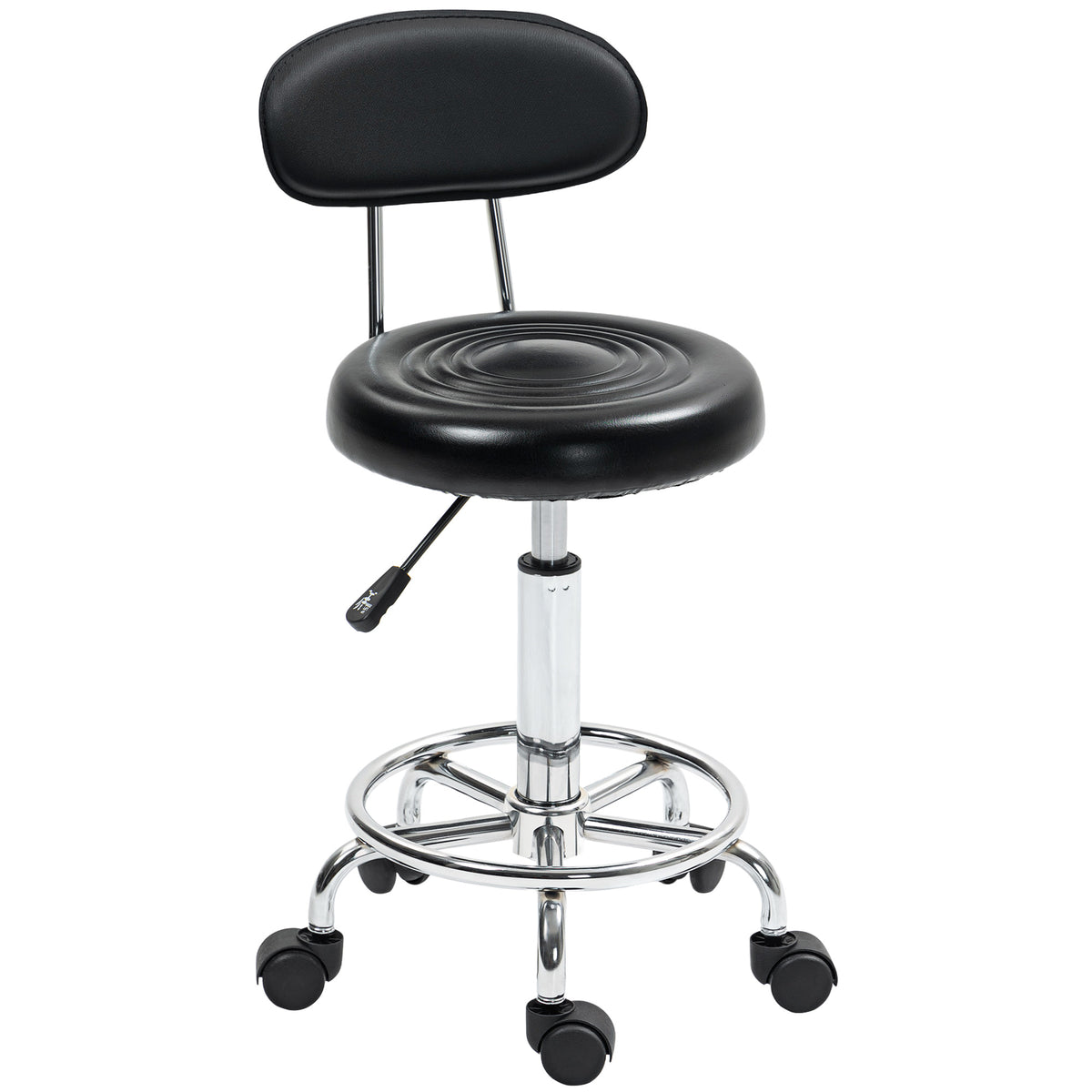 Rolling stool, swivel and adjustable stool with backrest, faux leather upholstery, footrest, for dressing tables
