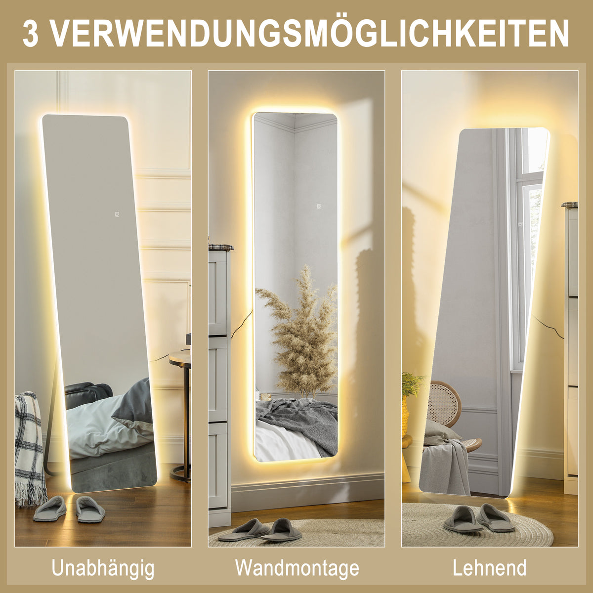HOMCOM LED Ganzkörperspiegel, Touch-Steuerung, dimmbar, rahmenlos, 40 x 150 cm – Produktabbildung 8