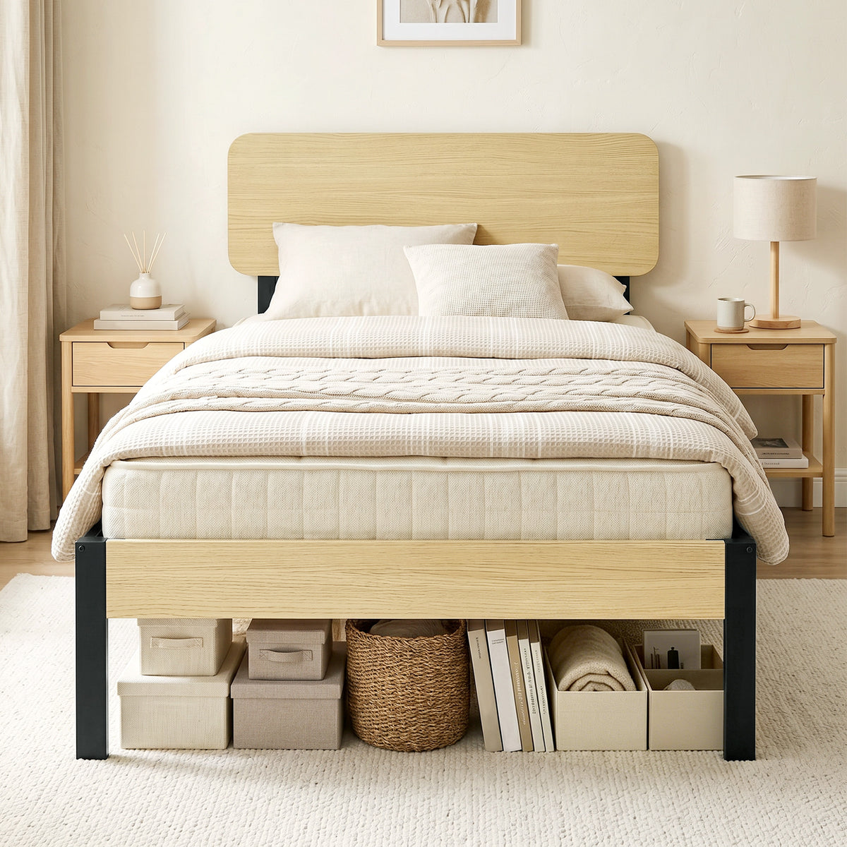 HOMCOM Bettgestell 90 x 200 cm mit Kopfteil, Plattformbett, Einzelbett mit Stauraum unter dem Bett – Produktabbildung 2