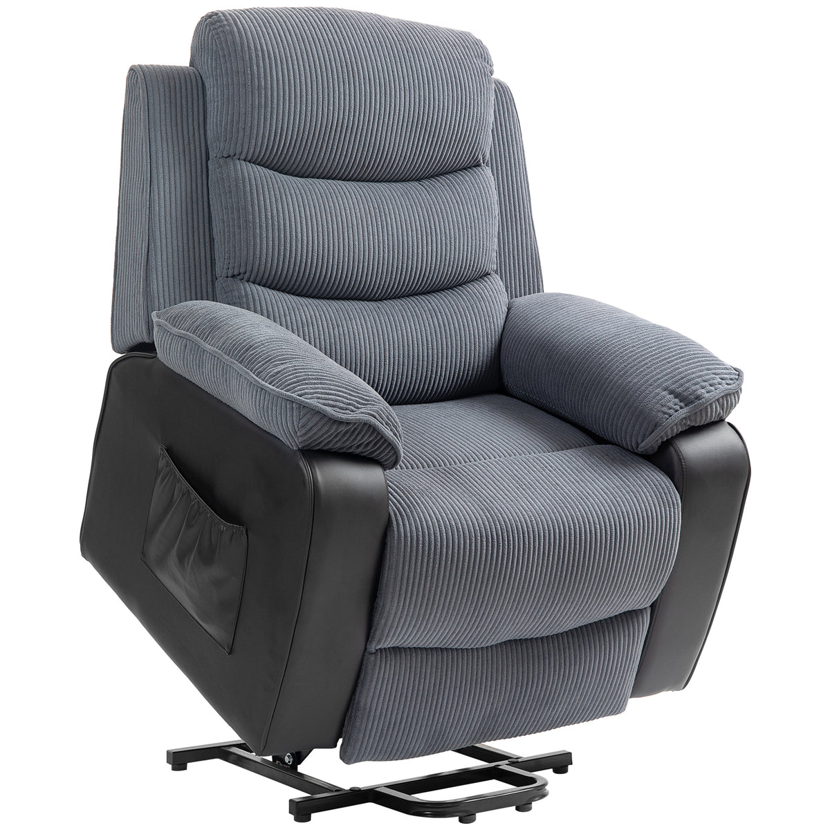 Lift chair with soft corduroy upholstery, recliner chair with remote control and side pockets, dark gray