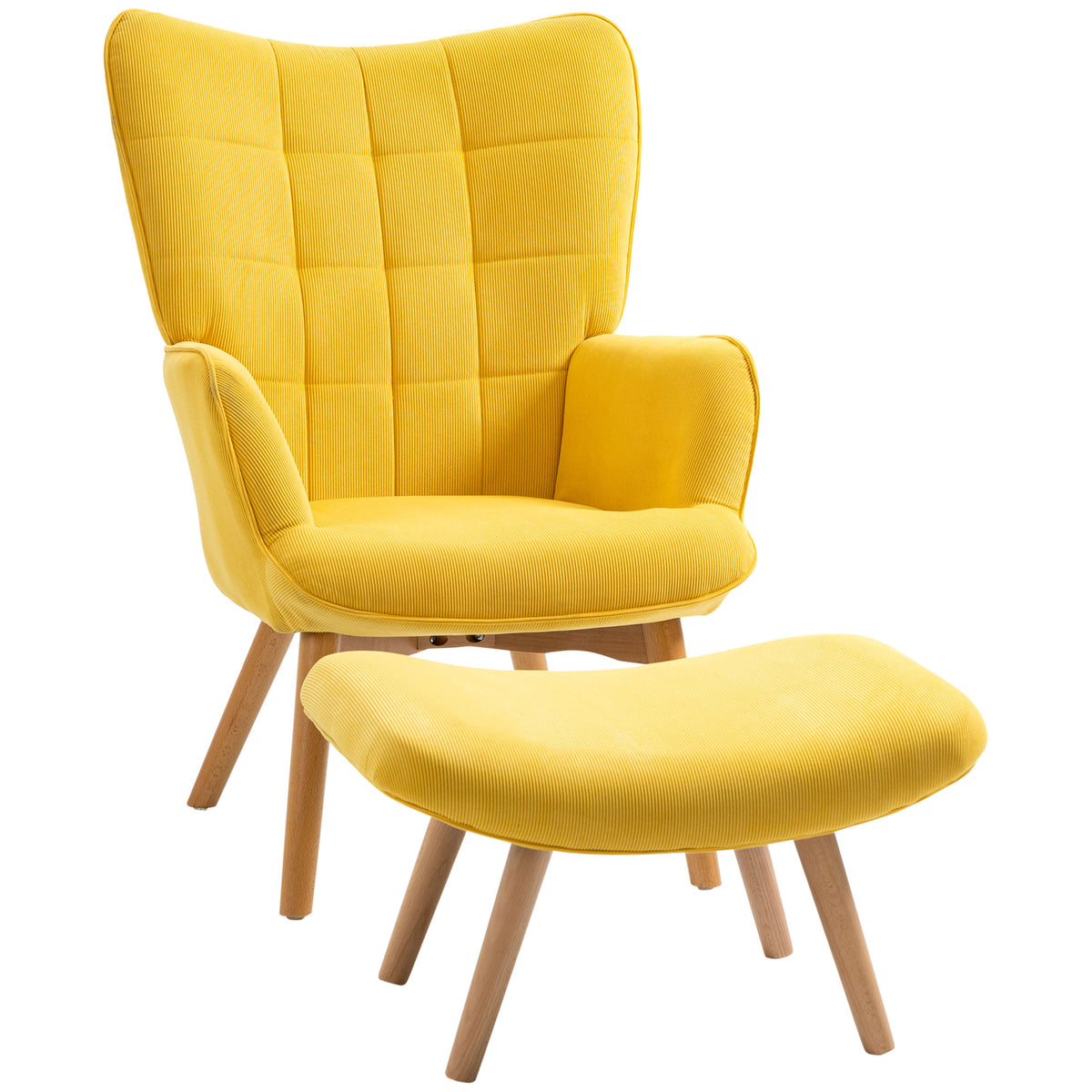 Accent chair with ottoman, corduroy-look lounge chair, armchair with wooden legs, for living room, yellow