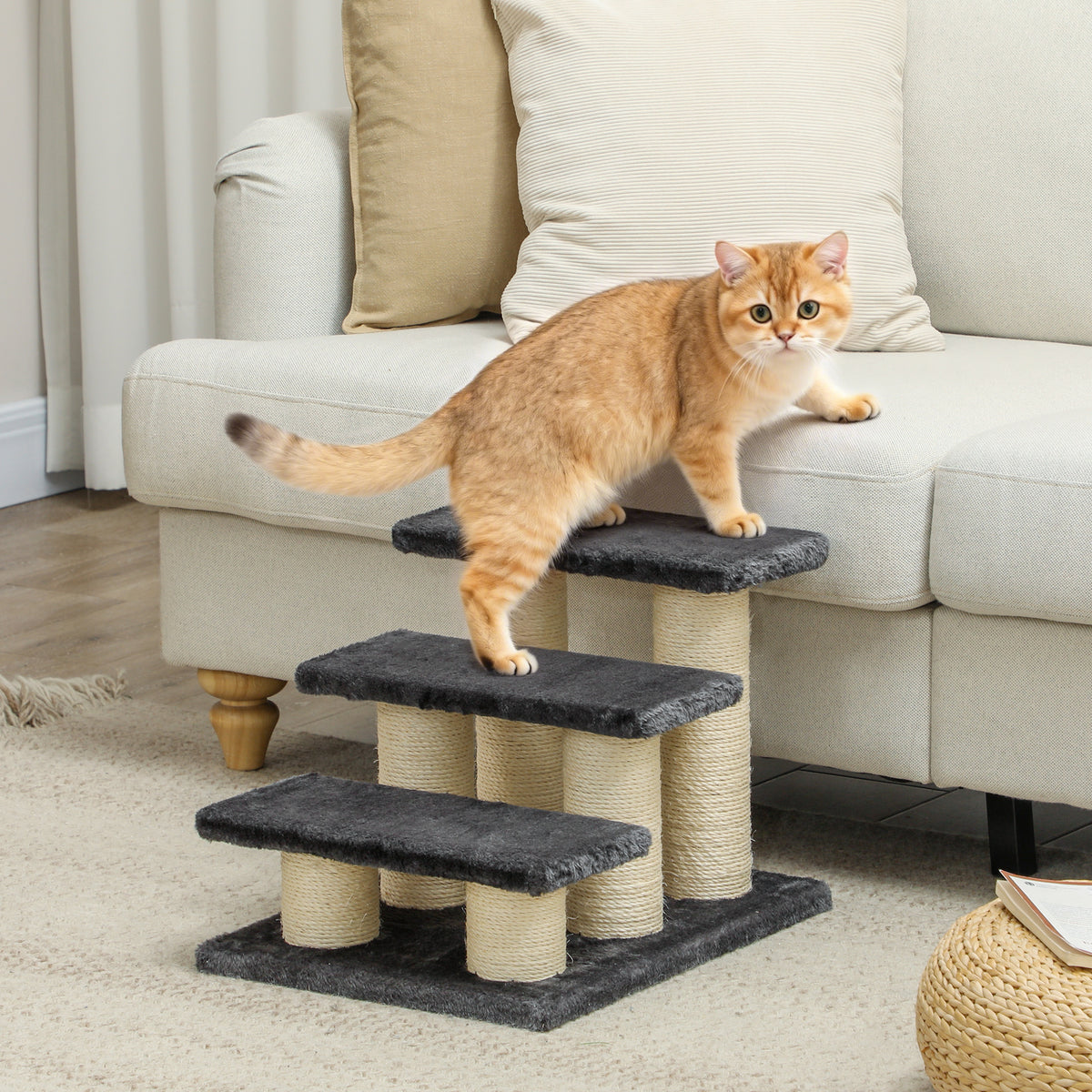 PawHut Hundetreppe 3 Stufen 34 cm Hoch Haustiertreppe für Hunde Katze Katzentreppe mit Kratzstamm – Produktabbildung 2