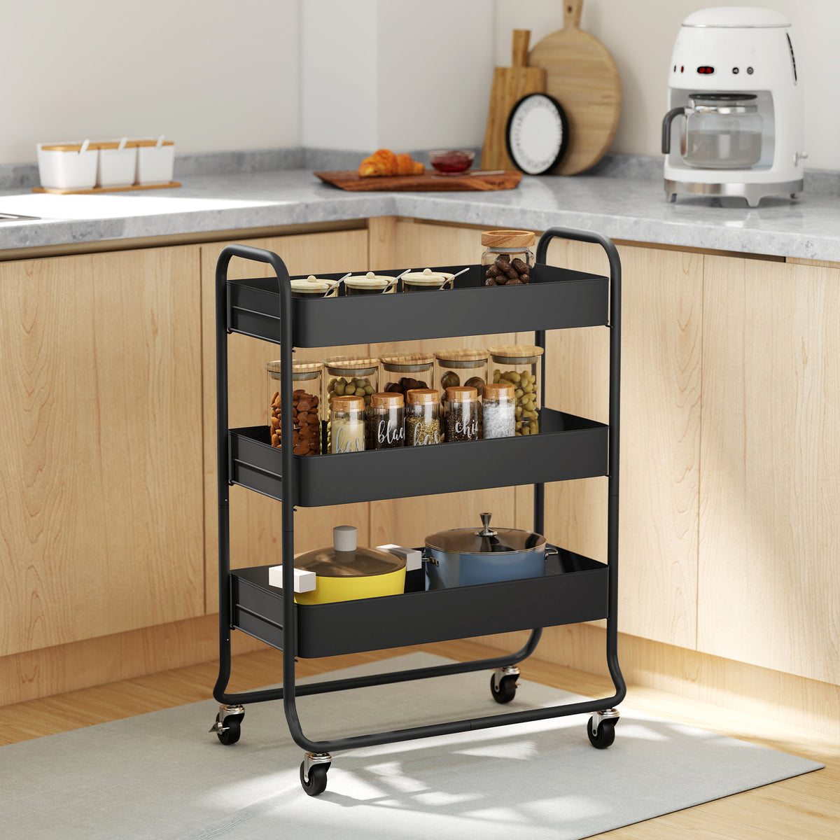 HOMCOM Küchenwagen, 3 Körbe, 4 Rollen, Metall, Schwarz – Produktabbildung 2
