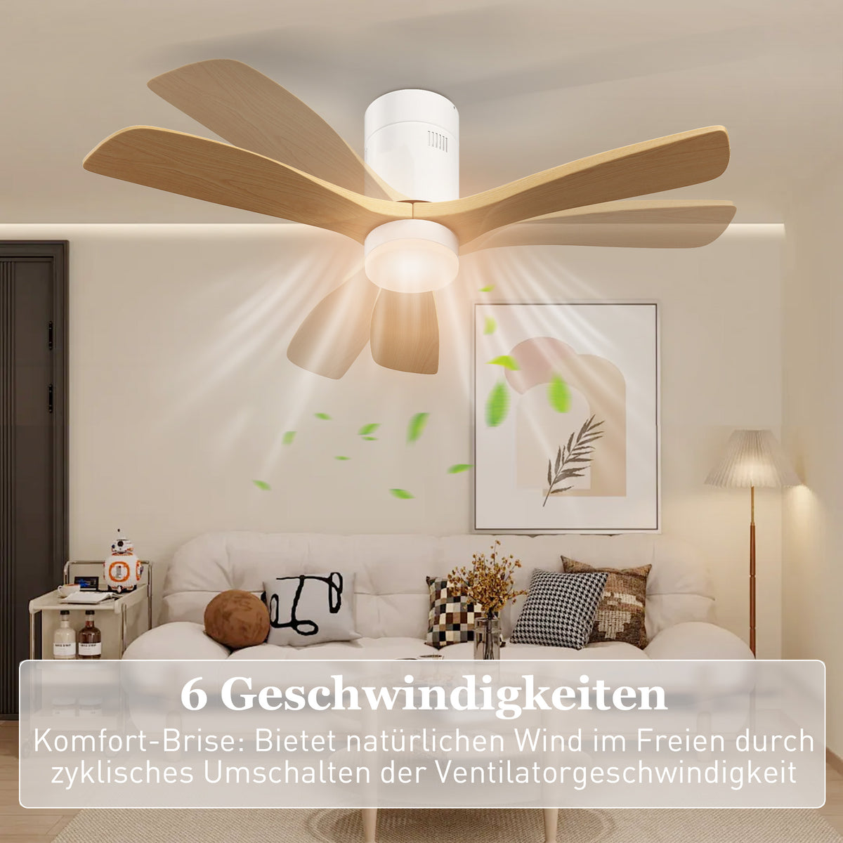 Ceiling fan with LED light, 6 speeds, remote control, light brown (5)
