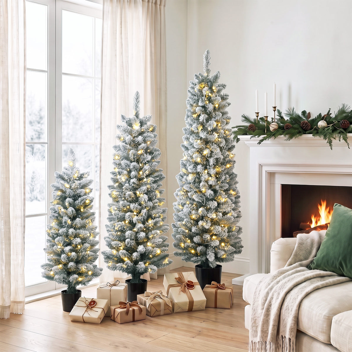 Set of 3 flocked LED Christmas trees, slim, with PVC branches, 90/120/150 cm (2)