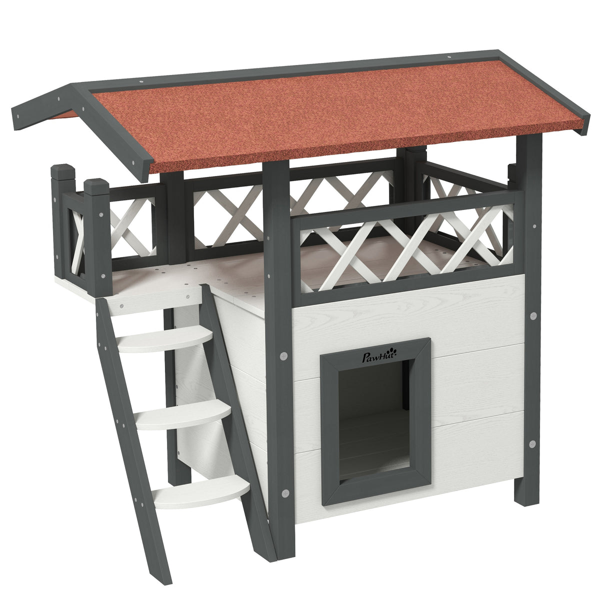Cat house, cat hut, pet hut, asphalt roof, 2 levels, 1 ladder, white+red