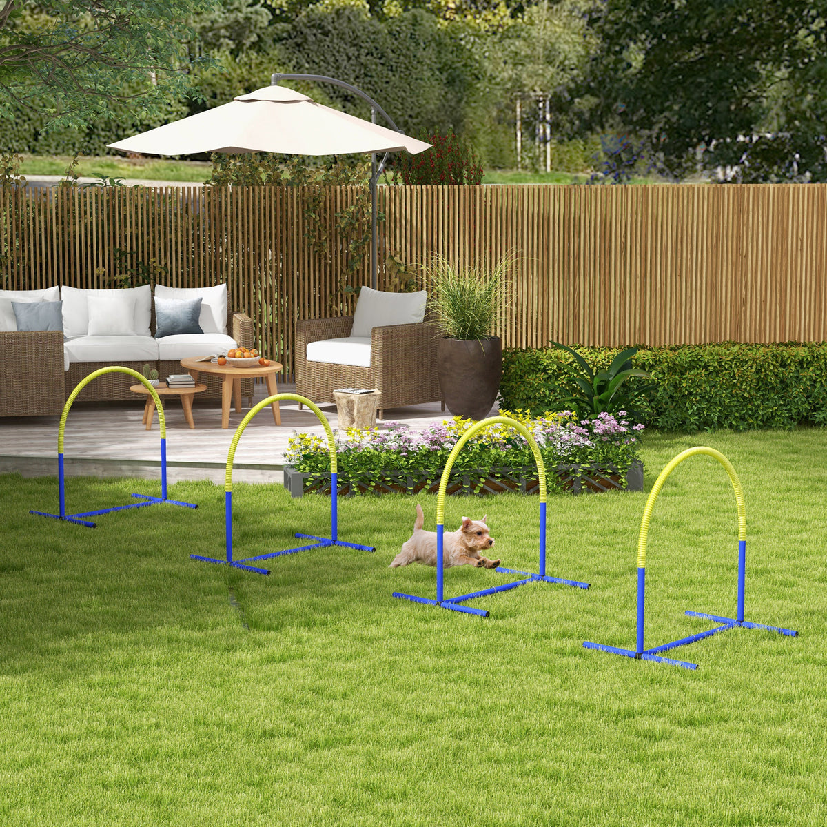 PawHut Agility-Set für Hunde, Hundetraining, 4 Bögen, für Einsteiger, mit Tragetasche, blau+gelb, 88 x – Produktabbildung 2