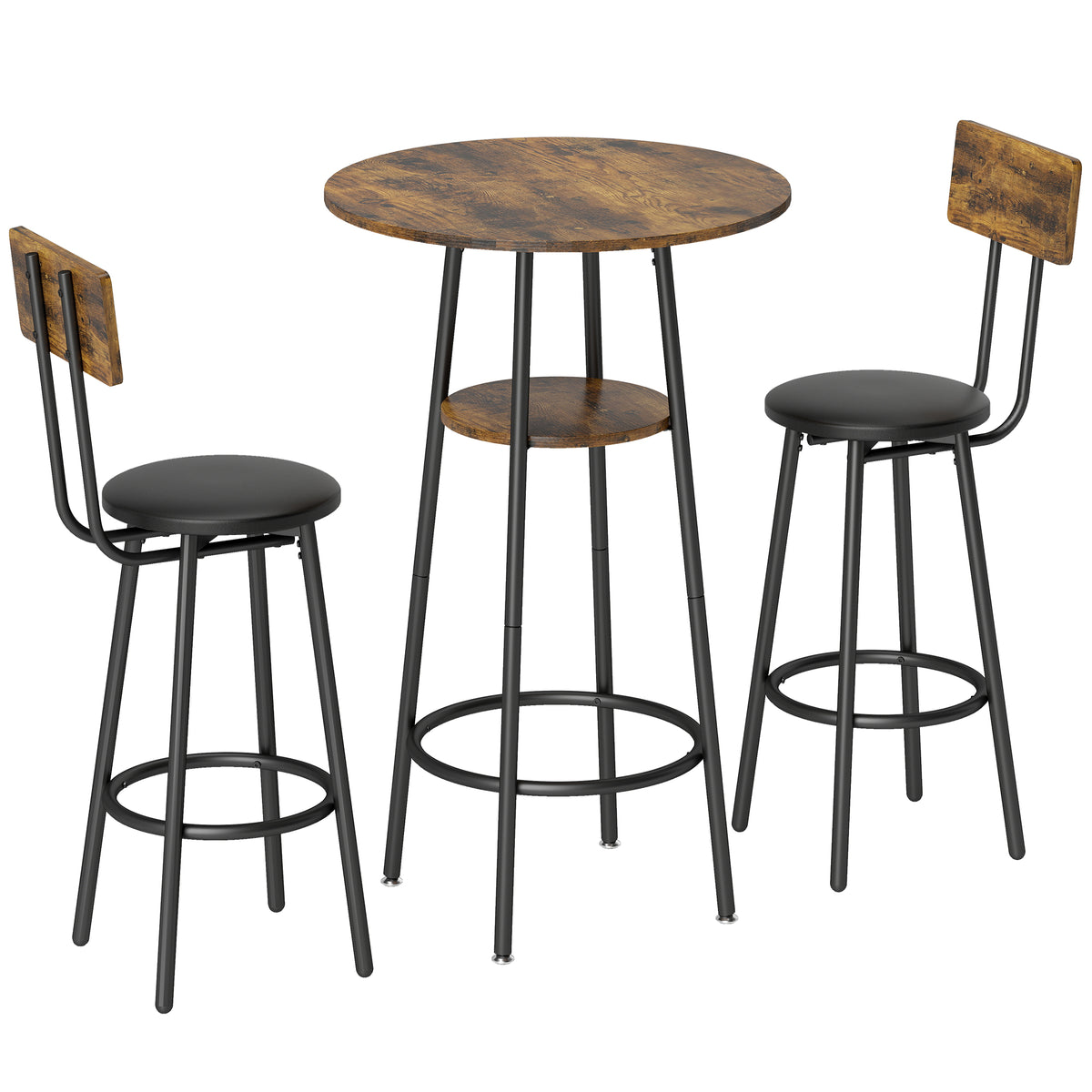 HOMCOM Industrie-Bartisch-Set mit 2 gepolsterten Hockern, Fußstützen, Metallrahmen, Küchentisch mit Ablage