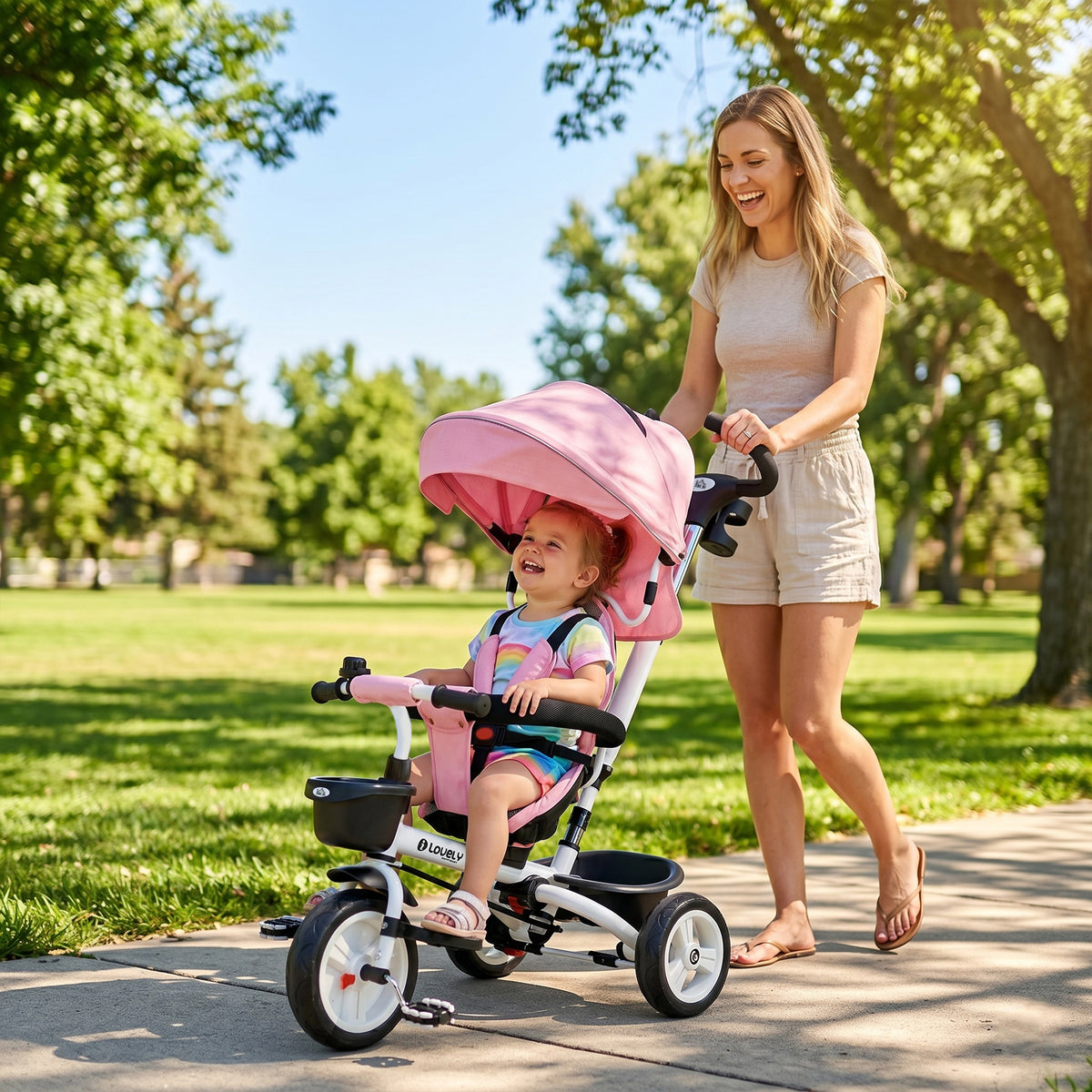 6-in-1 children's tricycle with push handle, canopy, safety belt, storage basket, 18+ months, pink (2)