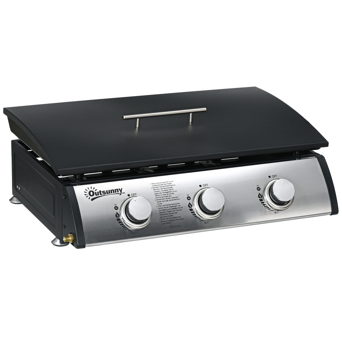 Gas grill with lid, 3 burners, grease drip tray, non-stick plate, 63x47x25 cm, black/silver