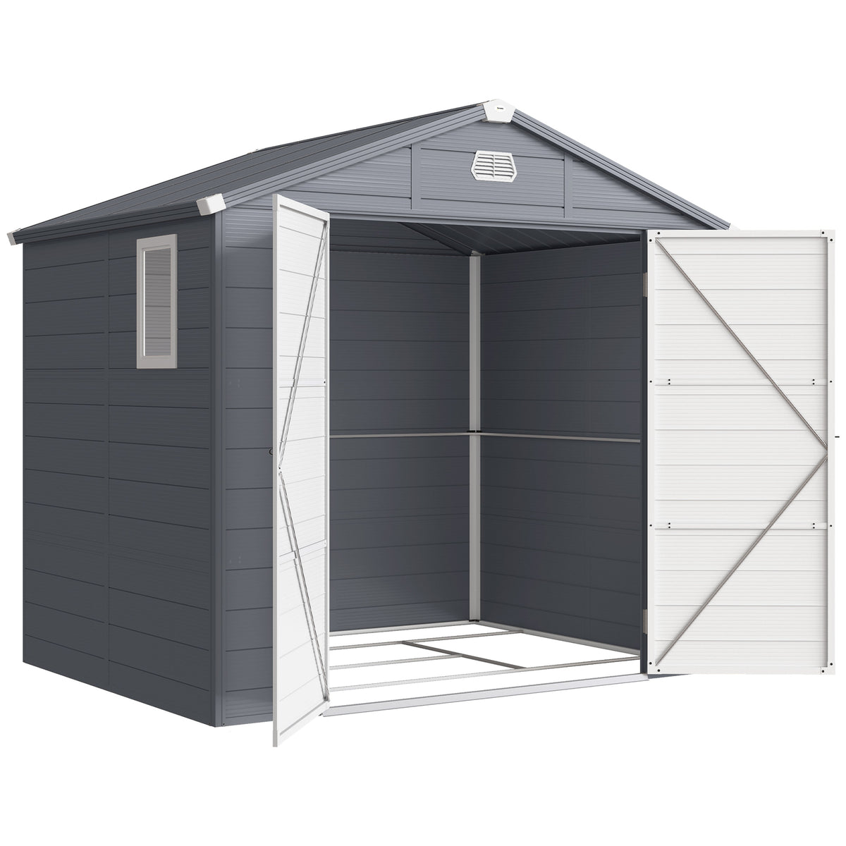 Tool shed, garden shed, equipment shed with ventilation window, plastic, metal, 240 x 190 x 180/228, gray