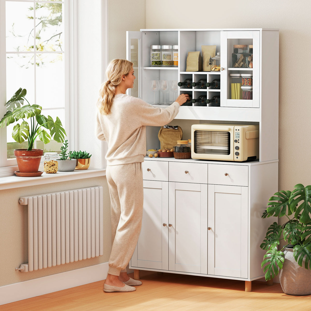 HOMCOM 180 cm Küchenschrank, 2 Glastüren, 3 Schubladen, 4 verstellbare Regale, Esszimmerschrank – Produktabbildung 8