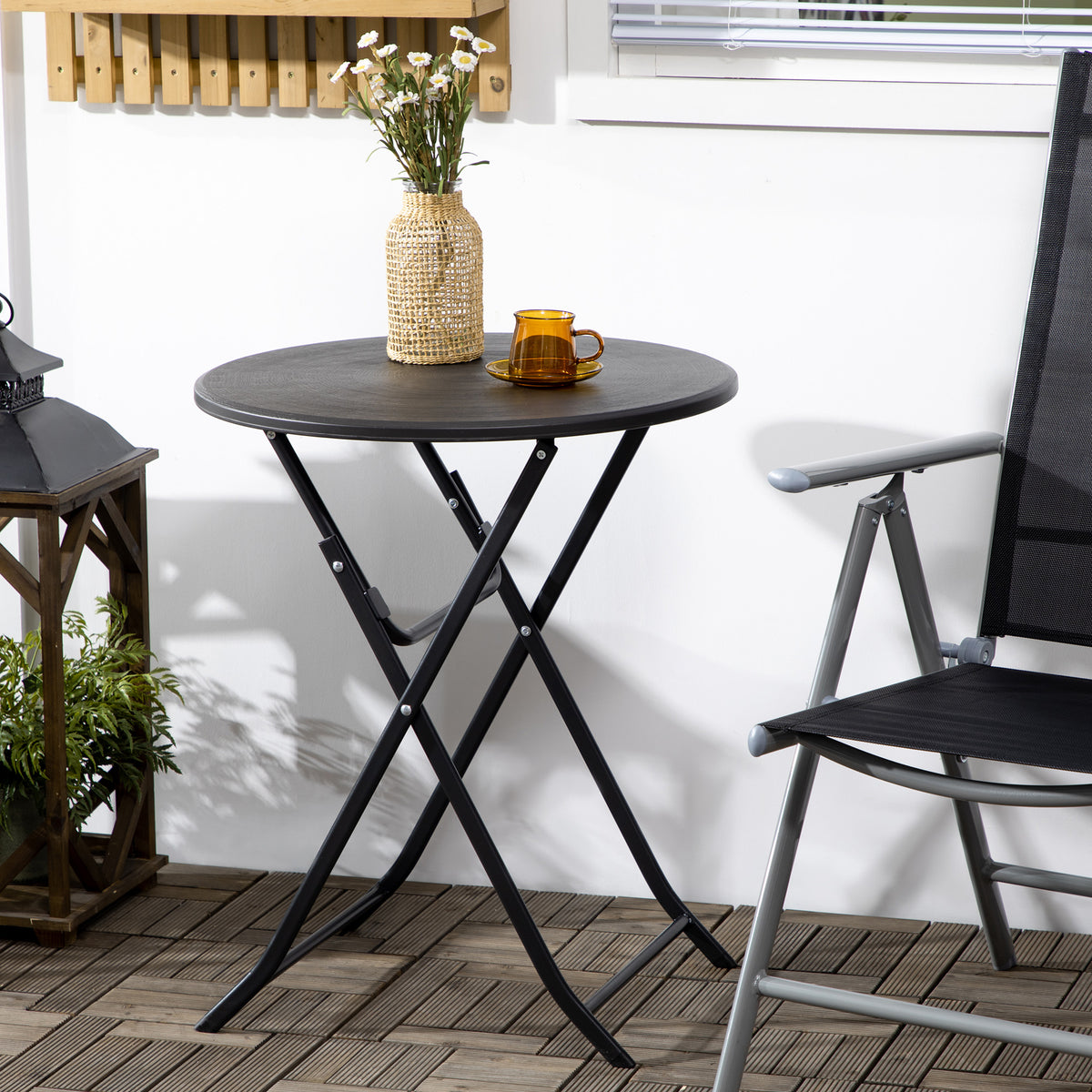 Garden table, round, foldable, for 2 people, wood look, steel + plastic, dark gray, 60 x 60 x 73 cm (2)