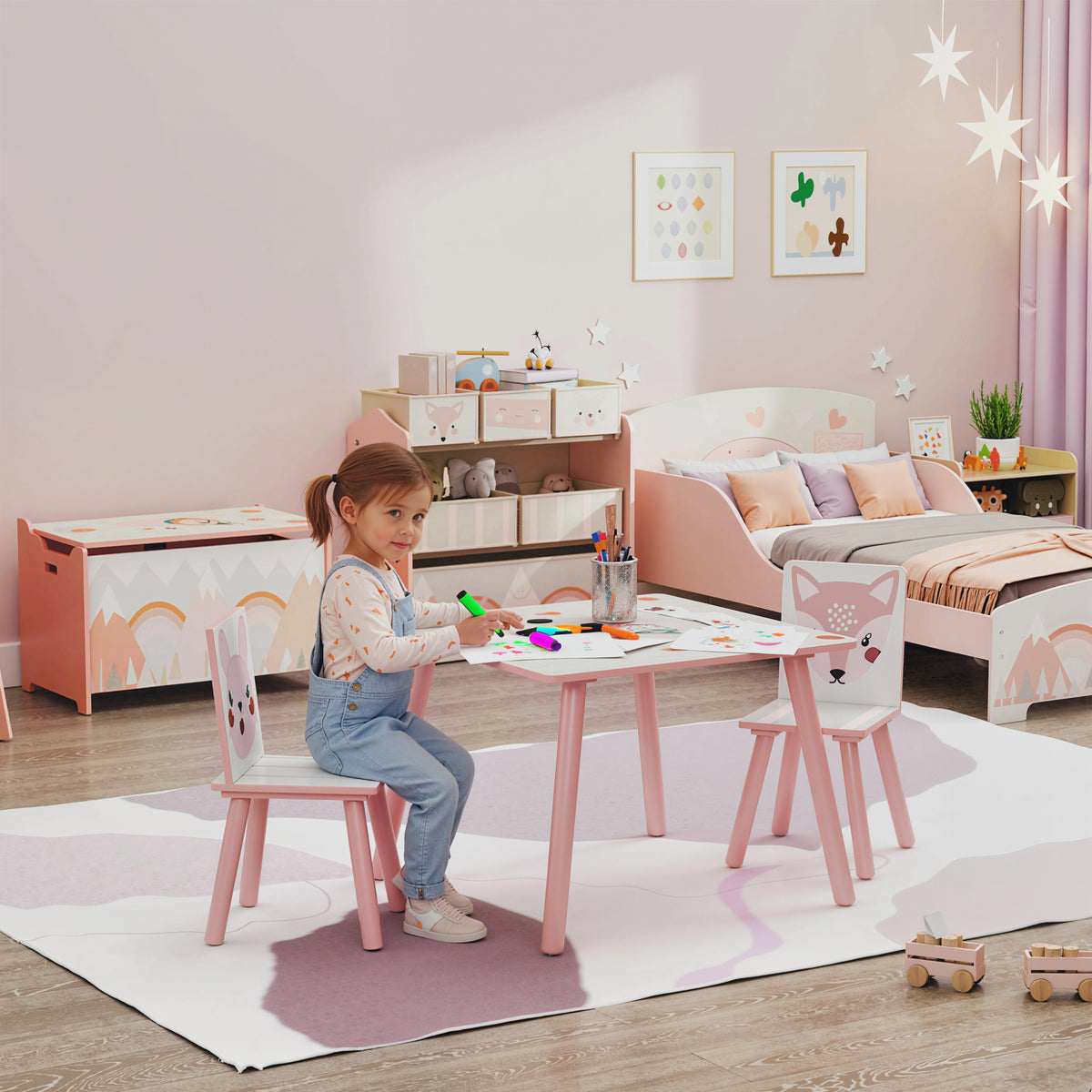 Pine wood children's table and chair set, table with 2 chairs, animal motif, nursery, 3-8 years, pink (2)