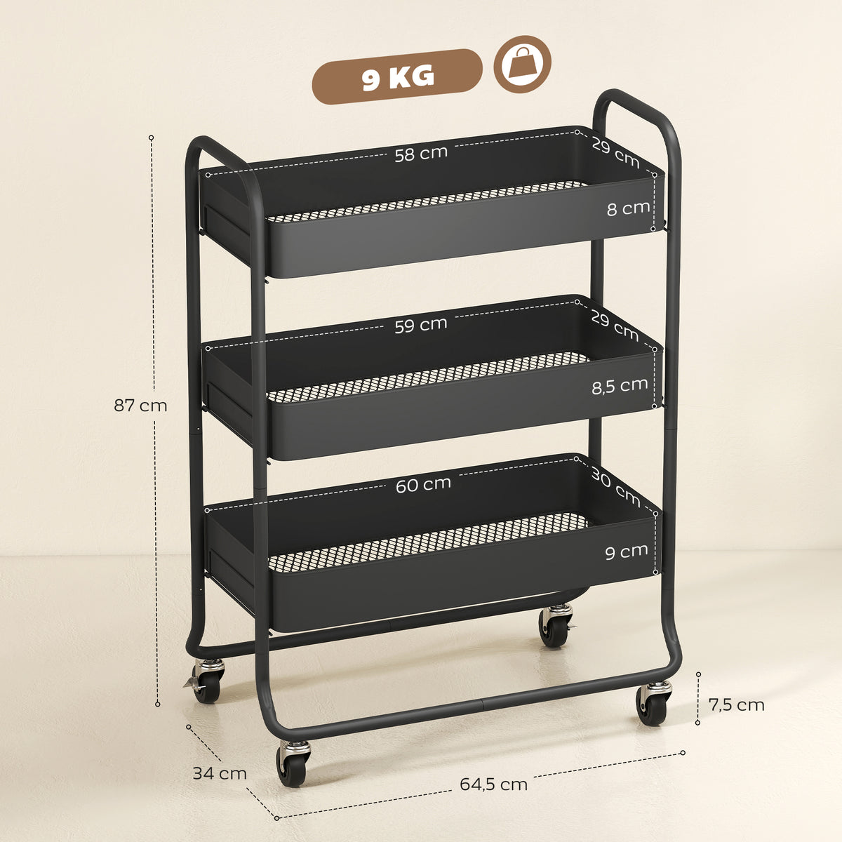 HOMCOM Küchenwagen, 3 Körbe, 4 Rollen, Metall, Schwarz – Produktabbildung 3