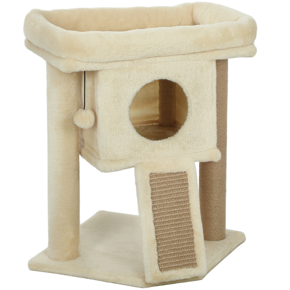 PawHut Kratzbaum mit Jute-Kratzmatte, Liegeplattform, Spielball, Katzenhaus, Beige, 40 x 40 x 57 cm