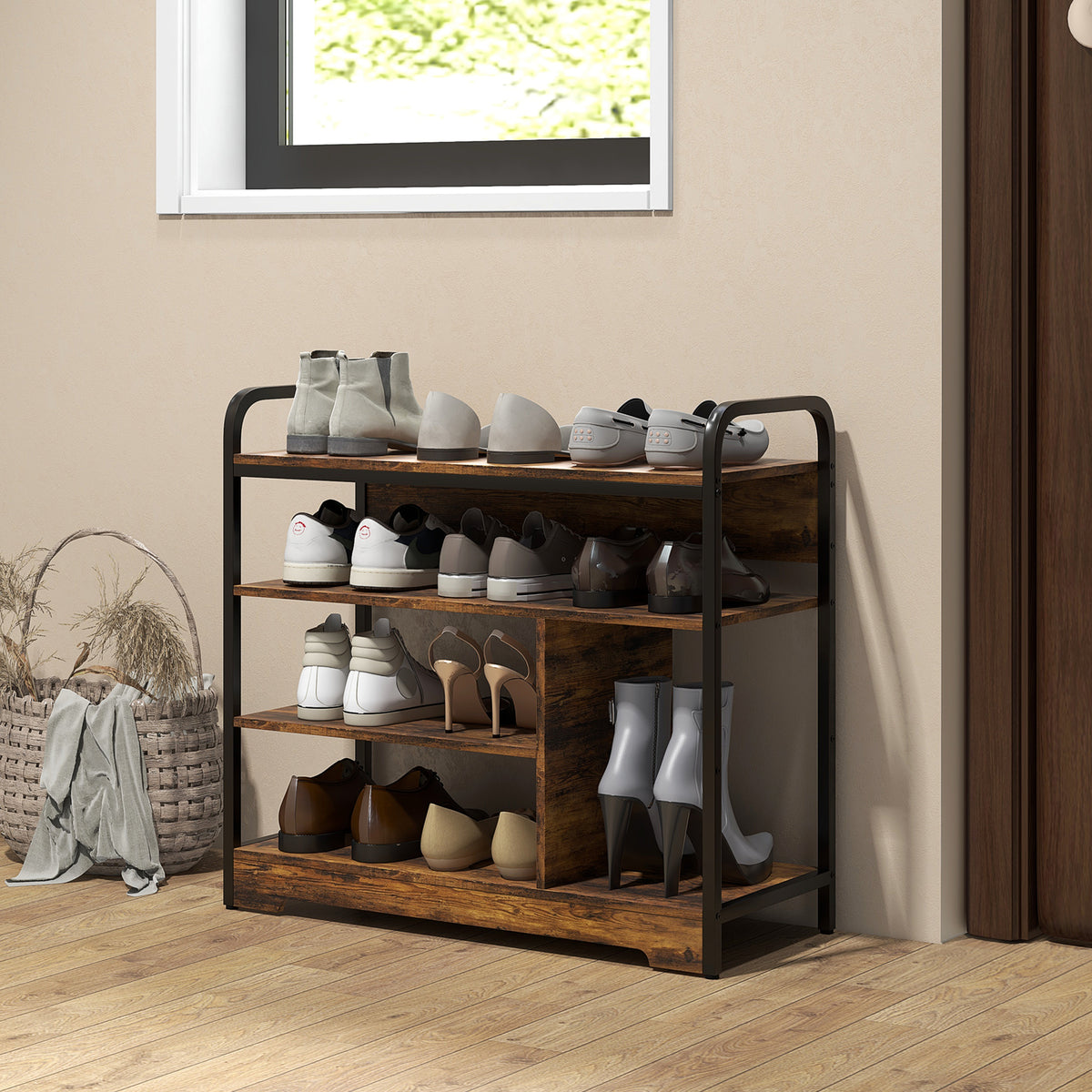 4-tier shoe rack, open design, metal frame, adjustable feet, 70x30x65 cm, brown/black (2)