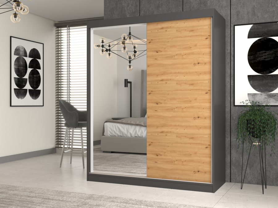 Kleiderschrank IGA 160 A/B ANTHRAZIT ARTISAN 1 x Spiegel für Schlafzimmer Flur – Produktabbildung 2