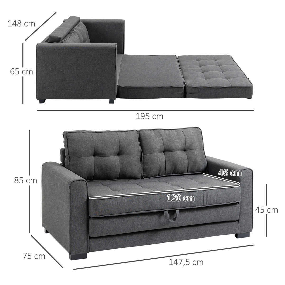 HOMCOM Schlafsofa Klappsofa 2-Sitzer Stoffsofa Bettsofa Sofa mit Schlaffunktion Sofagarnitur – Produktabbildung 3