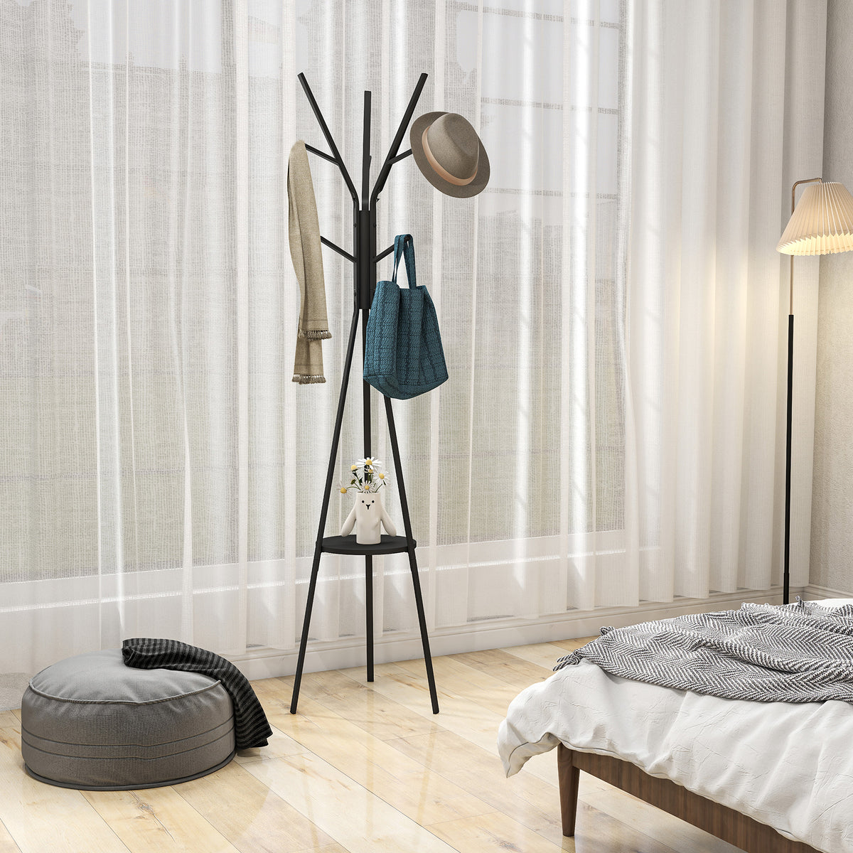 HOMCOM Garderobenständer Kleiderständer mit Ablage und 8 Haken Jackenständer Moderner Garderobe für – Produktabbildung 2