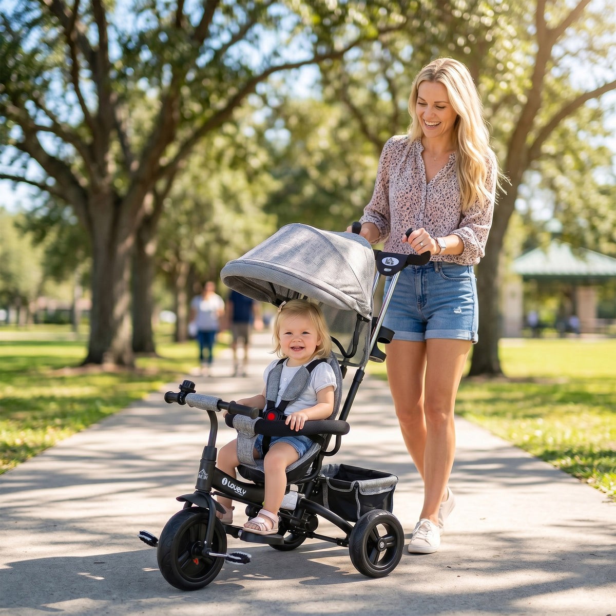 6-in-1 children's tricycle with push bar, canopy, harness, storage basket, for ages 1-5, grey (2)